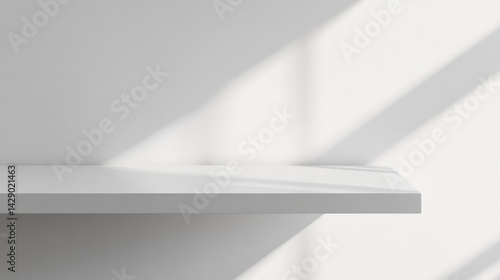 Empty white shelf against a white wall  sunlit