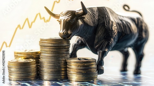 Cryptocurrency bullish up trend bull market Bull statue with coins representing financial growth and investment trends.