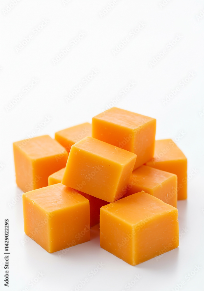A stack of cheddar cheese cubes isolated against a white background, ready to be eaten. A stack of cheddar cheese cubes isolated against a white background, ready to be eaten.