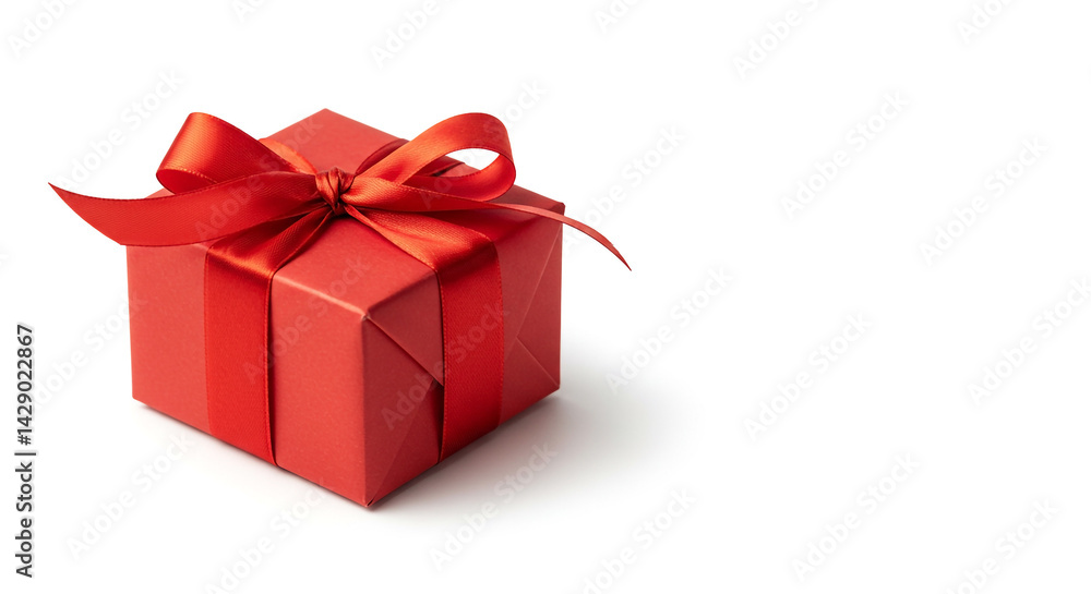 Obraz premium A single red gift box, wrapped and tied with a silk ribbon, sits on a white background.