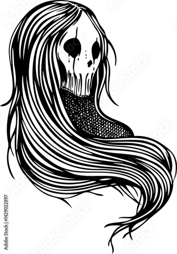 Vintage ghost woman portrait. Gothic tattoo design. Halloween hand-drawn vector illustration. Witch drawing. NOT AI generated