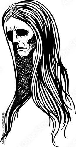 Vintage ghost woman portrait. Gothic tattoo design. Halloween hand-drawn vector illustration. Witch drawing. NOT AI generated