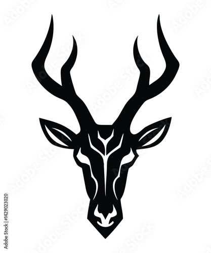 Minimalist Tribal Deer Head Logo – Black and White Vector Illustration with Antlers