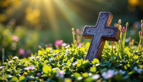 A sunlit scene featuring a cross resting on a bed of fresh greenery.