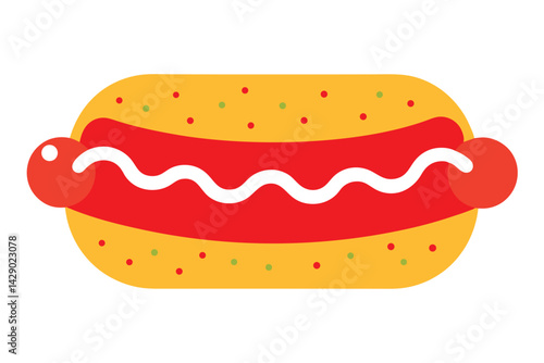Cartoon hot dog with bun and toppings on a white background