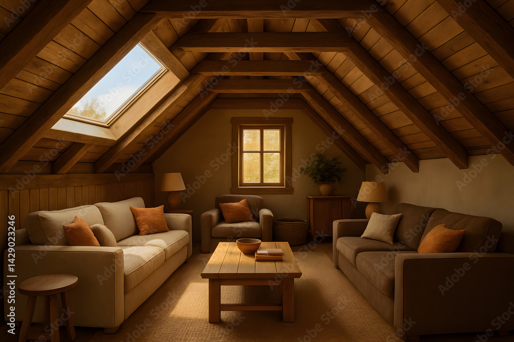 Rustic attic living room with exposed wood beams, skylight and warm earth tones. Cozy cabin-inspired interior with leather armchairs and soft neutral textures... Home Decor. Rustic attic living room with exposed wood beams, skylight and warm earth tones. Cozy cabin-inspired interior with leather armchairs and soft neutral textures... Home Decor.