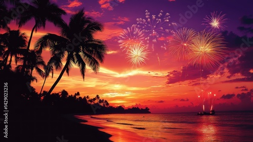 Tropical beach sunset fireworks celebration (1)