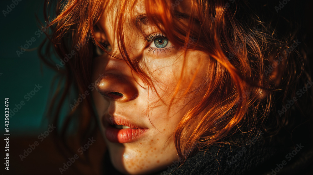 The image shows a close-up of a person with striking red hair and blue eyes, illuminated by a warm, golden light that accentuates the texture of their skin and hair