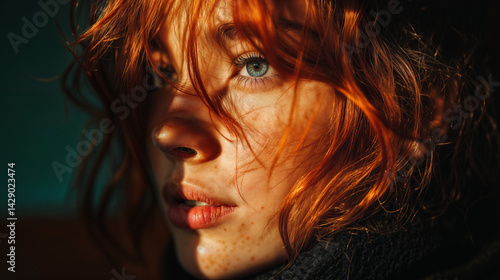 The image shows a close-up of a person with striking red hair and blue eyes, illuminated by a warm, golden light that accentuates the texture of their skin and hair
