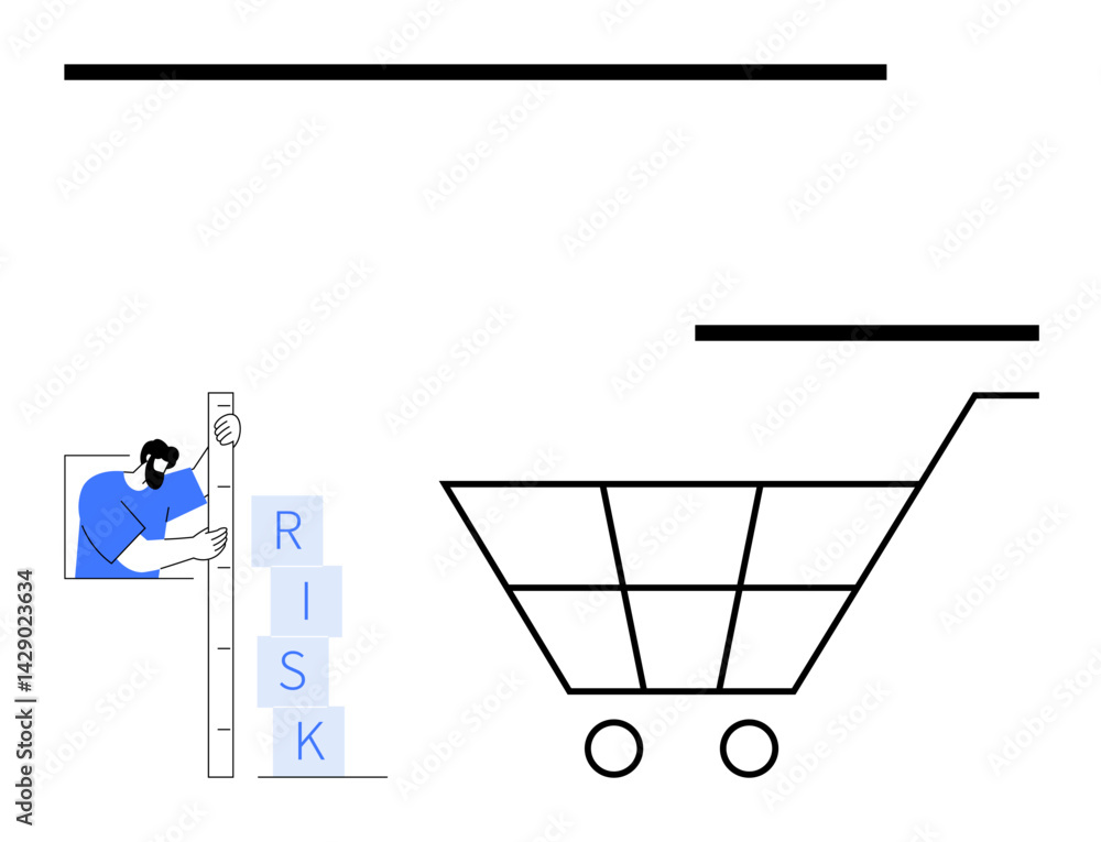 Worker with measuring stick assessing risk blocks beside a shopping cart, symbolizing organized evaluation and cautious planning. Ideal for business, risk management, decision-making, e-commerce Worker with measuring stick assessing risk blocks beside a shopping cart, symbolizing organized evaluation and cautious planning. Ideal for business, risk management, decision-making, e-commerce