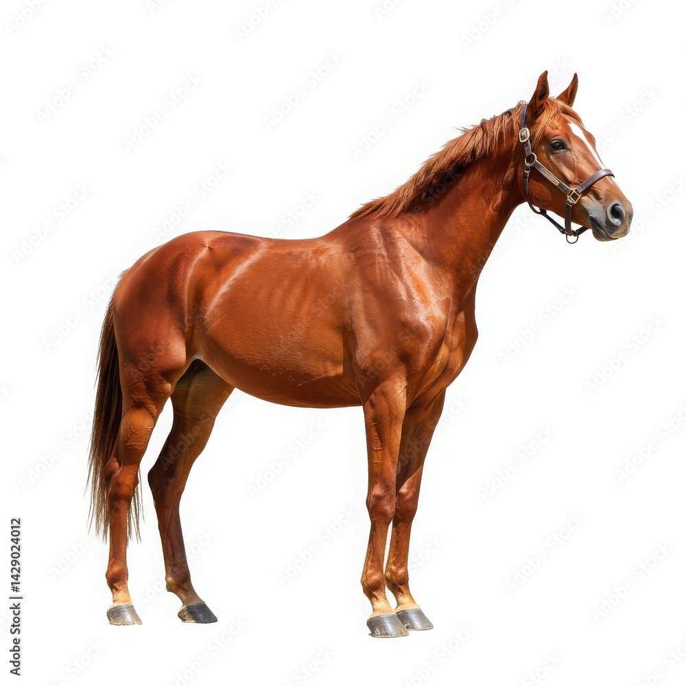 Fototapeta premium A chestnut horse standing in full view with a bridle against a plain white background in a studio shot