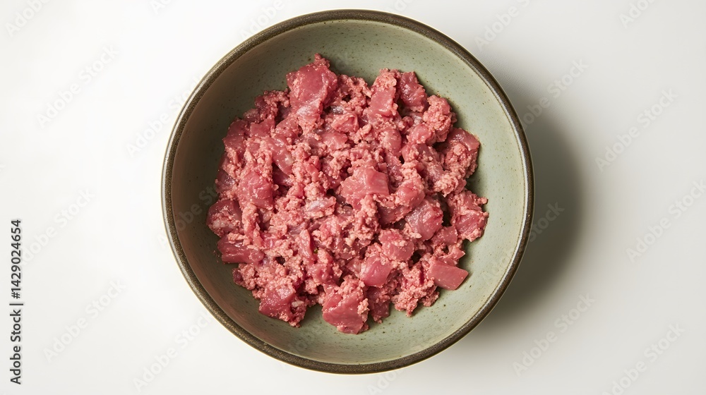 Raw Minced Beef in Bowl, Fresh Ground Meat, Top View Raw Minced Beef in Bowl, Fresh Ground Meat, Top View