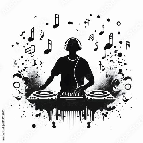 black and white minimalist vector silhouette of DJ, Illustrations with style with street art