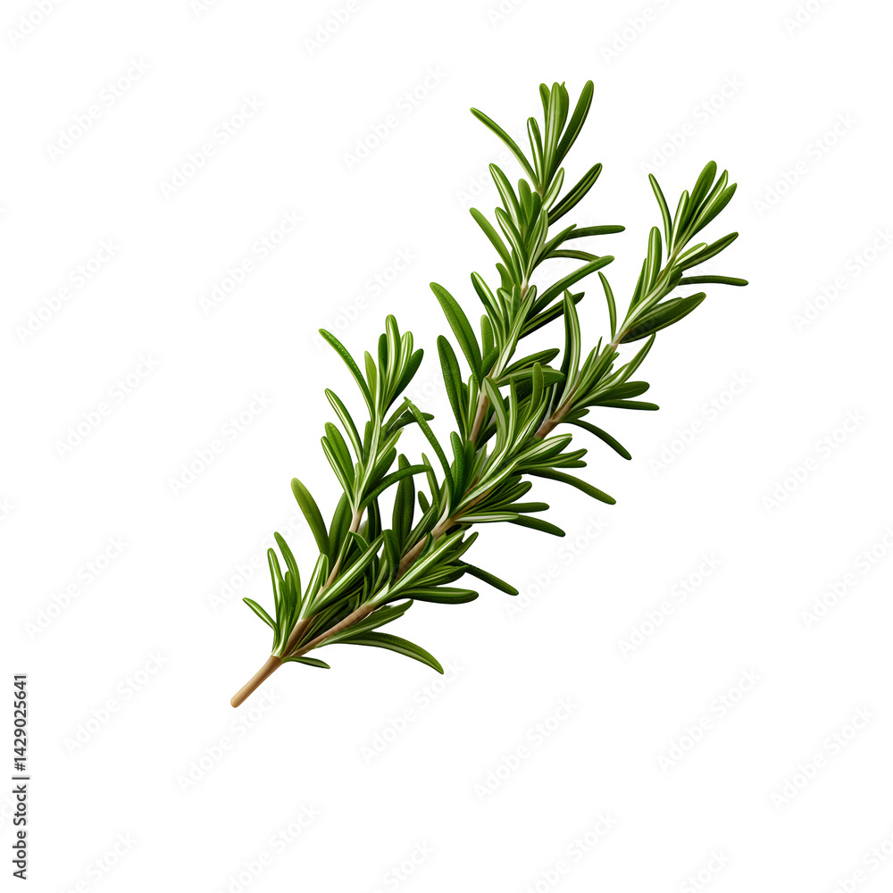 Fototapeta premium A close up shot of a vibrant green rosemary sprig showcasing its distinctive needle like leaves and woody stem against a clean bright white background