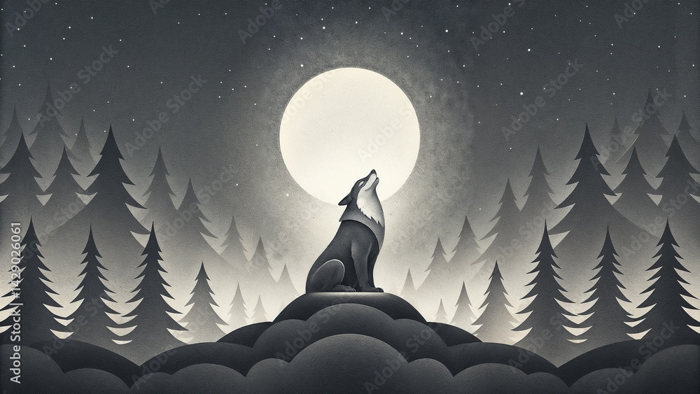 Howling wolf under a full moon in a dark forest