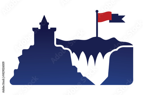 Silhouette illustration of a mountain castle with a red flag on top