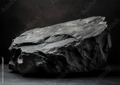 Dark, massive rock, studio shot.  Rough, natural stone slab on dark background