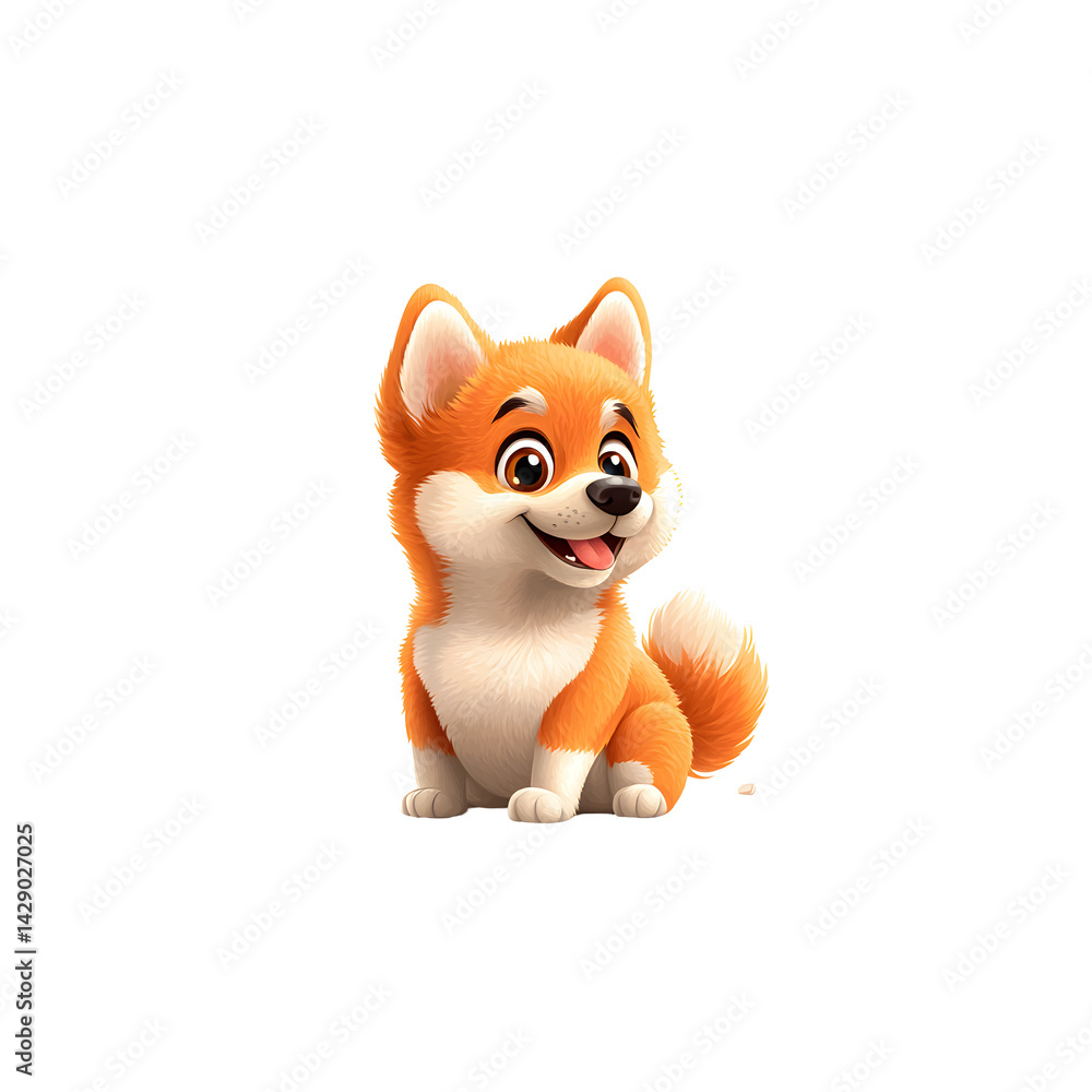 Fototapeta premium A friendly cartoon style dog with a warm cheerful expression and a fluffy orange coat sits on a white background exuding a playful endearing presence