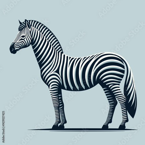 Stylized black and white illustration of a zebra with distinctive stripes on a light blue background