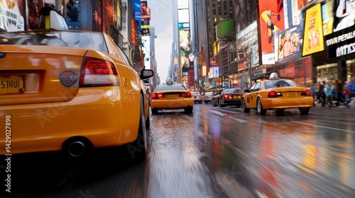 Rainy City Street with Yellow Taxis and Bright Billboards