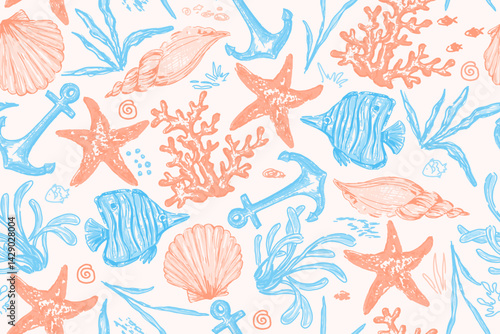 Seamless pattern with sea creatures. Endless underwater life  background. Fish, sea shell, corals, starfish. Ocean wallpaper, wall art, fabric print. Summer vacation. Coral reef vector illustration.