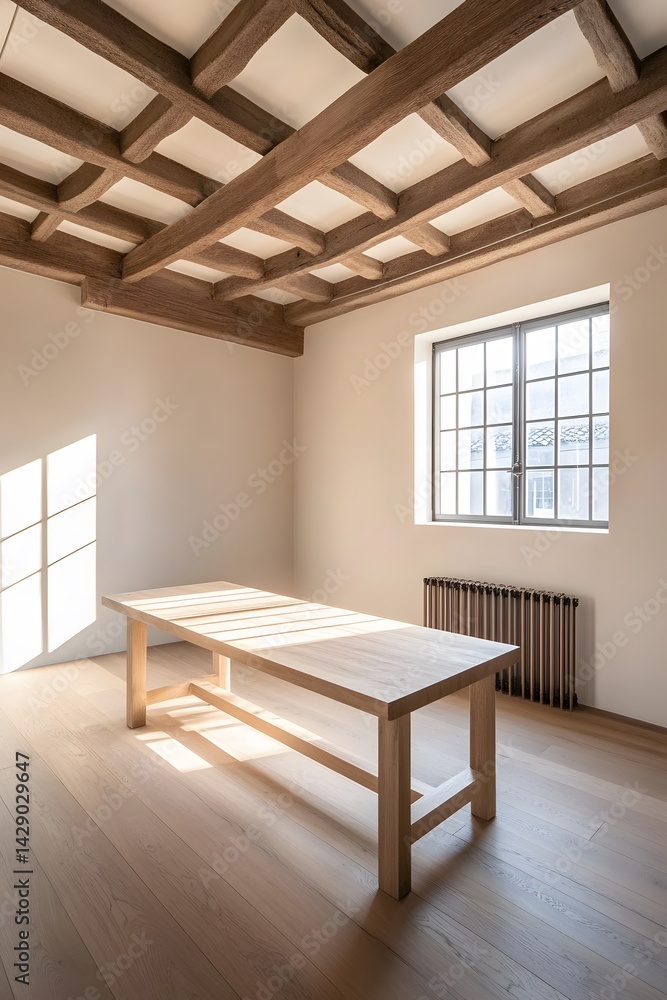Fototapeta premium Sunlit Minimalist Room with Wooden Table and Exposed Beams