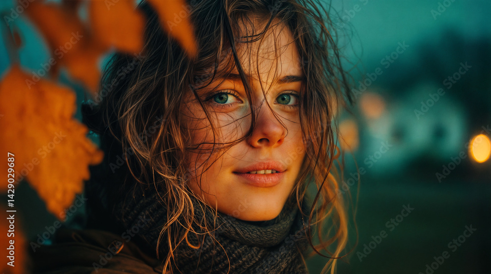 The image shows a person wearing a scarf, with orange leaves in the foreground and blurred lights in the background, suggesting an outdoor setting, possibly in autumn