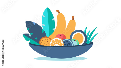 fruits on a plate, bananas, orange, icon