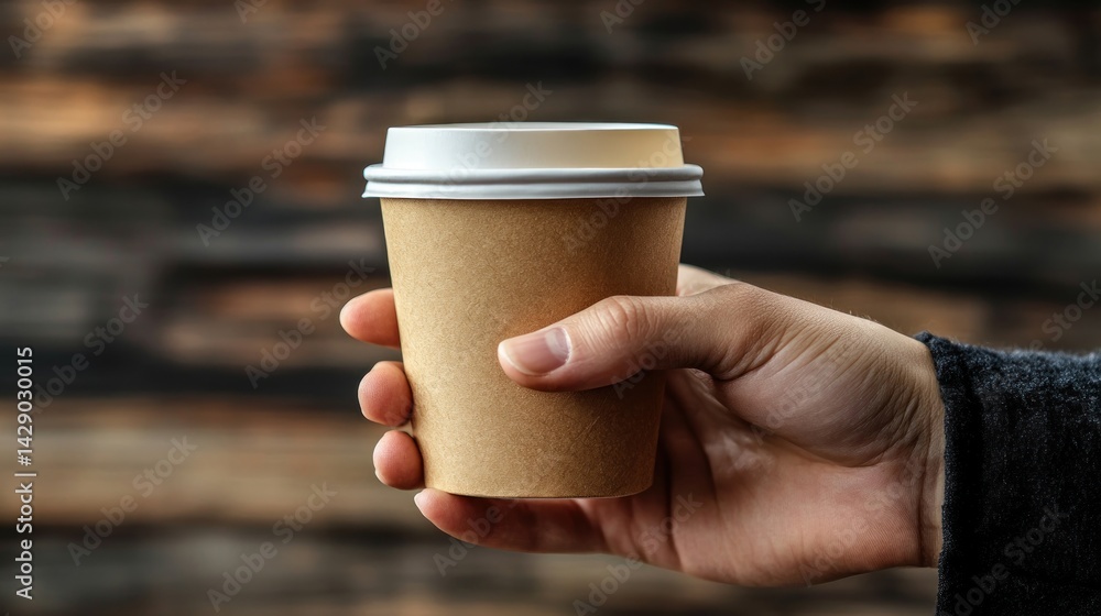Hand holding disposable coffee cup Hand holding disposable coffee cup