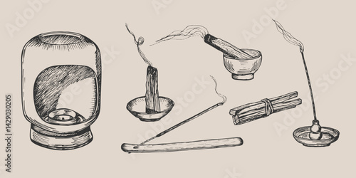 Aroma lamp, palo santo stick, incense stick drawing illustration set. Meditation, relaxation elements sketch engraving style vector. Hand drawn line art clipart