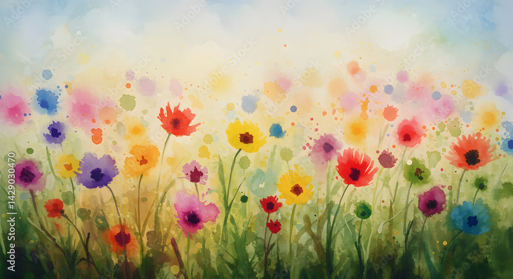 Fototapeta premium Vibrant Watercolor Meadow Bursting With Colorful Flowers And Gentle Sunlight