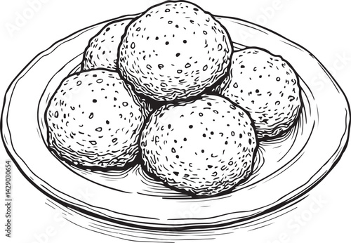 Falafel Black and White Vector Illustration, Sketch Drawing Line Linear Symbol Icon Engraving, Hand-drawn Isolated