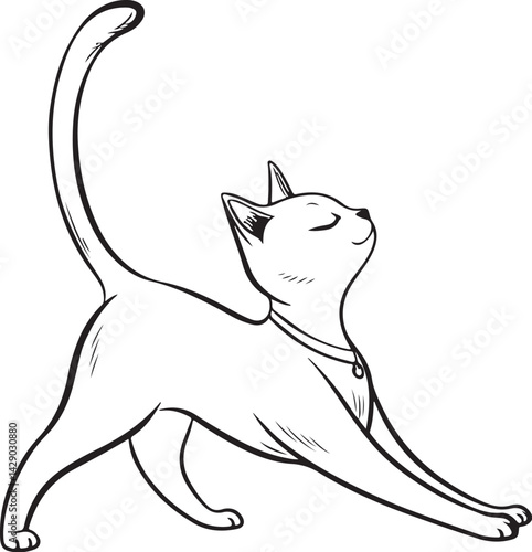 Stretching Cat Black and White Vector Illustration, Sketch Drawing Line Linear Symbol Icon Engraving, Hand-drawn Isolated