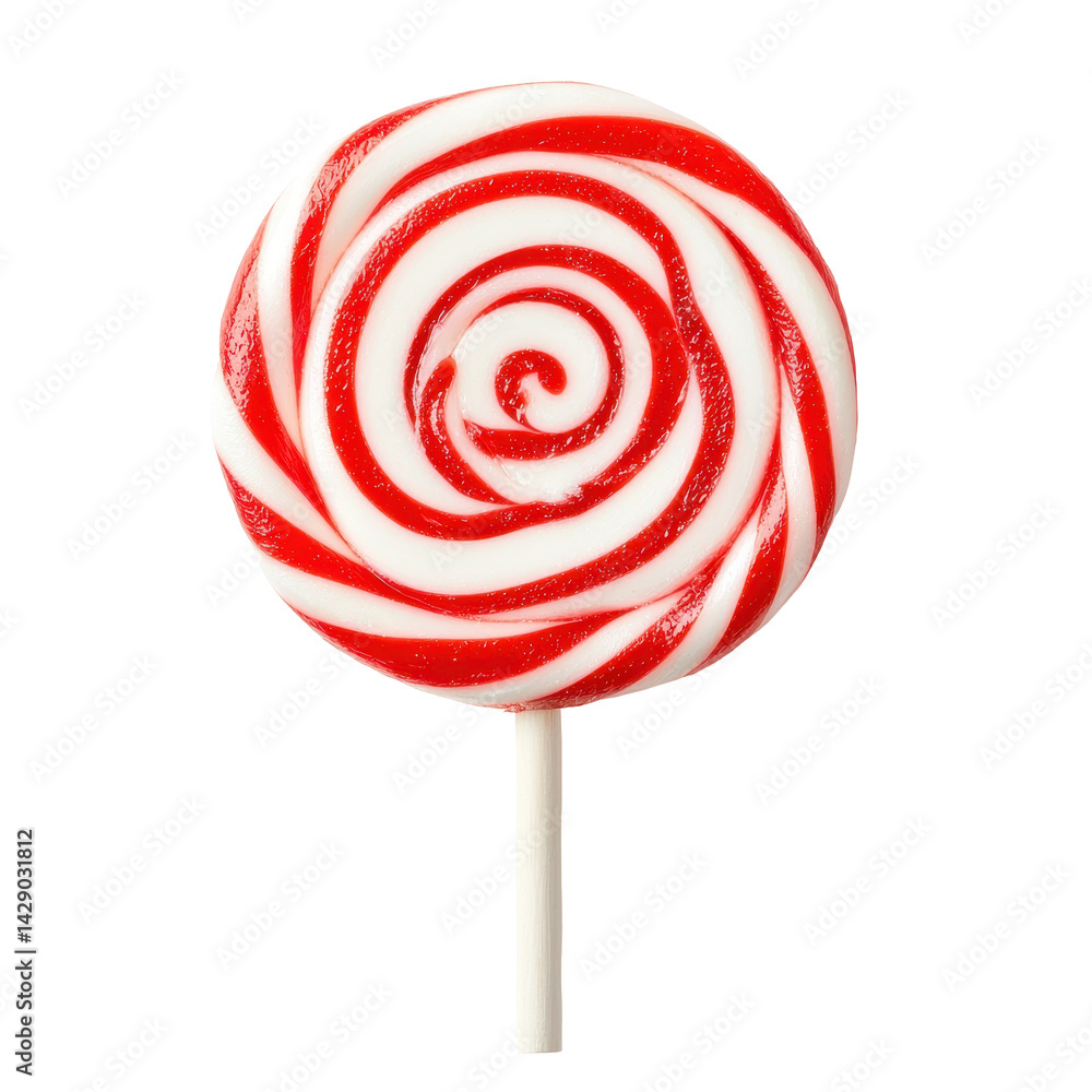 Bright red and white swirled round spiral lollipop candy with a classic stick on transparent background, close-up confectionery sweet treat for dessert or celebration. Bright red and white swirled round spiral lollipop candy with a classic stick on transparent background, close-up confectionery sweet treat for dessert or celebration.