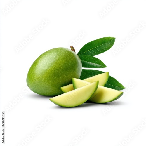 Wallpaper Mural Green mango with slices and leaves on white background Torontodigital.ca