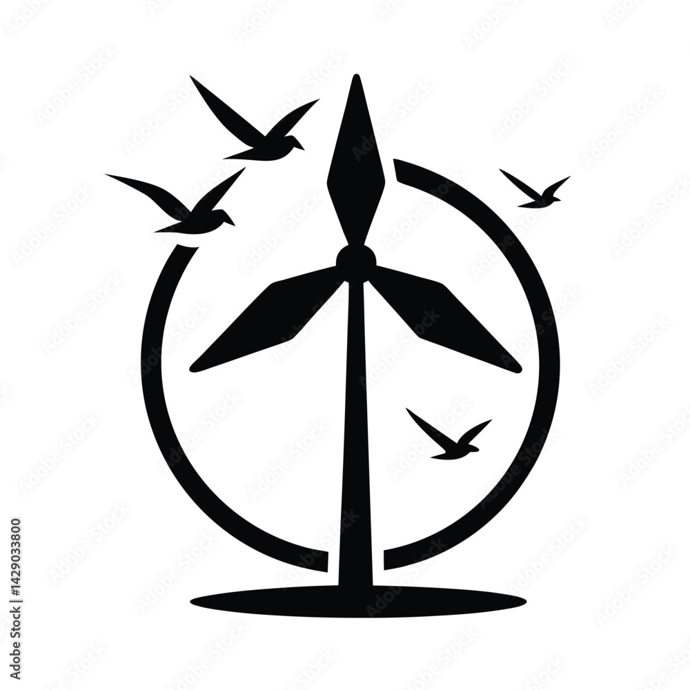 Wind Turbine with Bird Silhouettes Vector Icon Wind Turbine with Bird Silhouettes Vector Icon