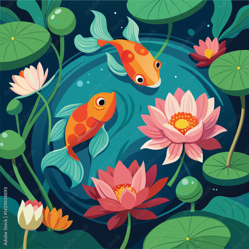 goldfish in a pond with stunning lotus flowers. goldfish in a pond with stunning lotus flowers.