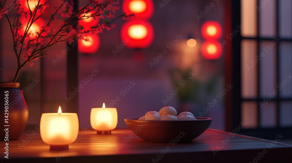Festive Asian table setting, candles, sweets, lanterns, dusk Festive Asian table setting, candles, sweets, lanterns, dusk