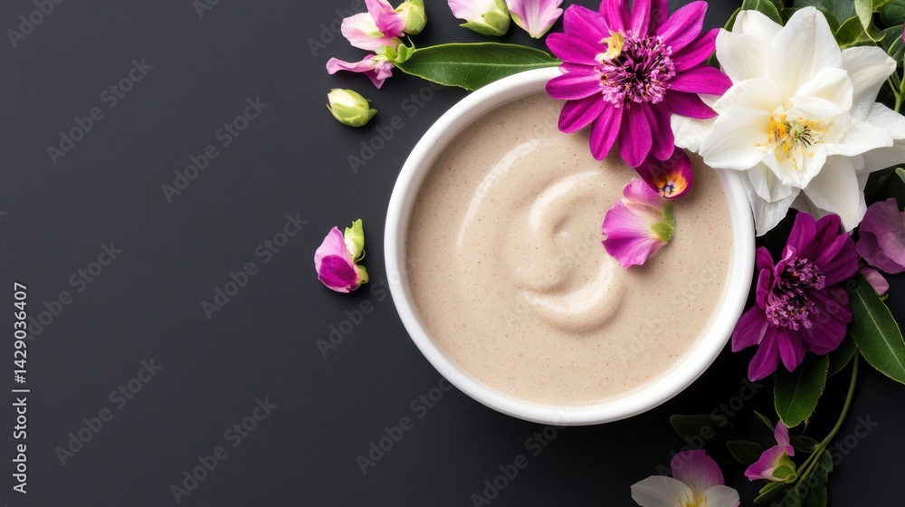 Elegant Bowl of Cream Surrounded by Delicate Flowers on Dark Surface Elegant Bowl of Cream Surrounded by Delicate Flowers on Dark Surface