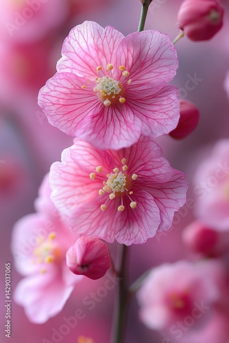 Close-up of pink blossoms on a branch with a blurred background.