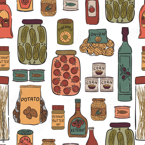 Seamless pattern featuring pantry staples like preserved vegetables, oils, canned goods, and sauces.
