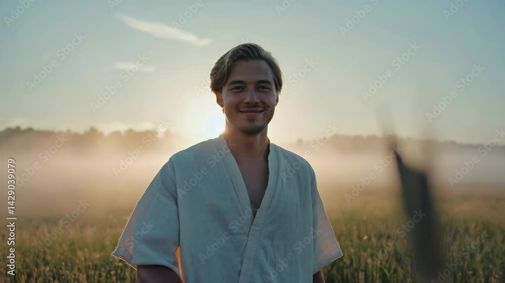 Young adult in field wearing casual open shirt, smiling into camera at dawn, sun rising, misty landscape and sky, idyllic pastoral scene, peaceful farm land Young adult in field wearing casual open shirt, smiling into camera at dawn, sun rising, misty landscape and sky, idyllic pastoral scene, peaceful farm land