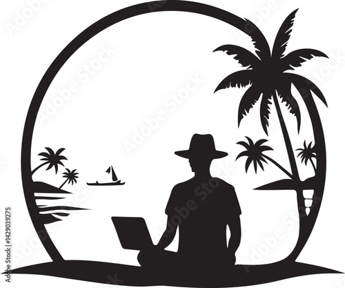 Digital Nomad at the Beach logo Silhouette Vector Art on a solid White Background
