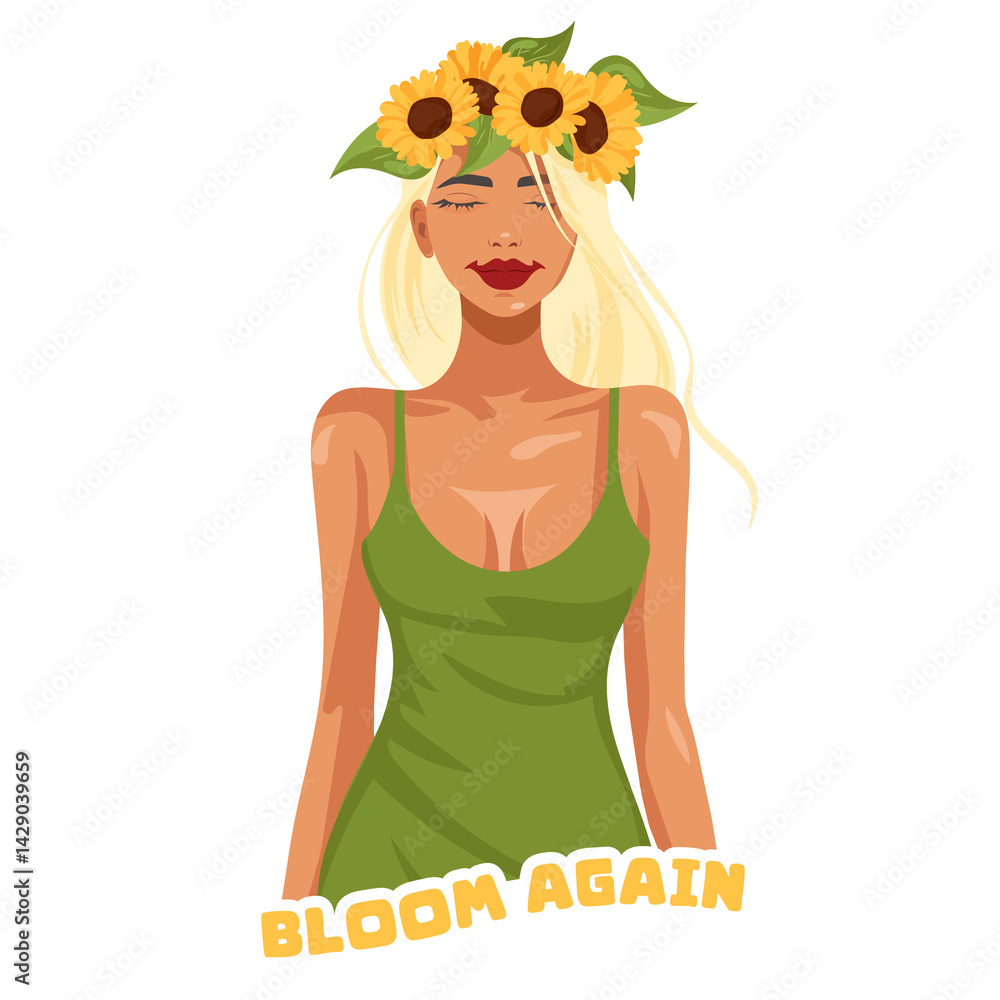 Fashion sticker of a charming young faceless blonde woman in a green dress and with a wreath of sunflowers on her head.