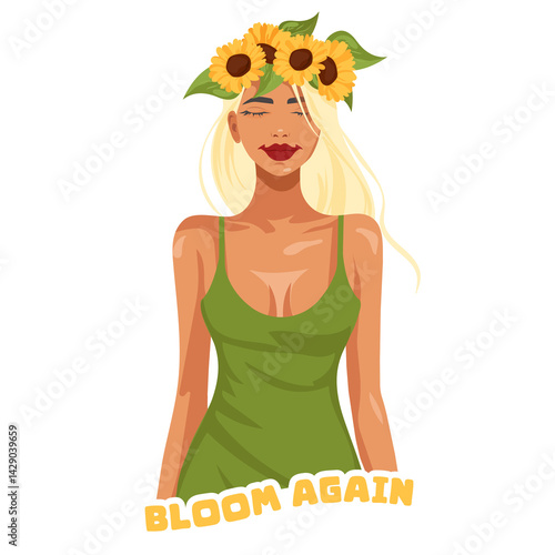 Obraz na płótnie Fashion sticker of a charming young faceless blonde woman in a green dress and with a wreath of sunflowers on her head.
w salonie