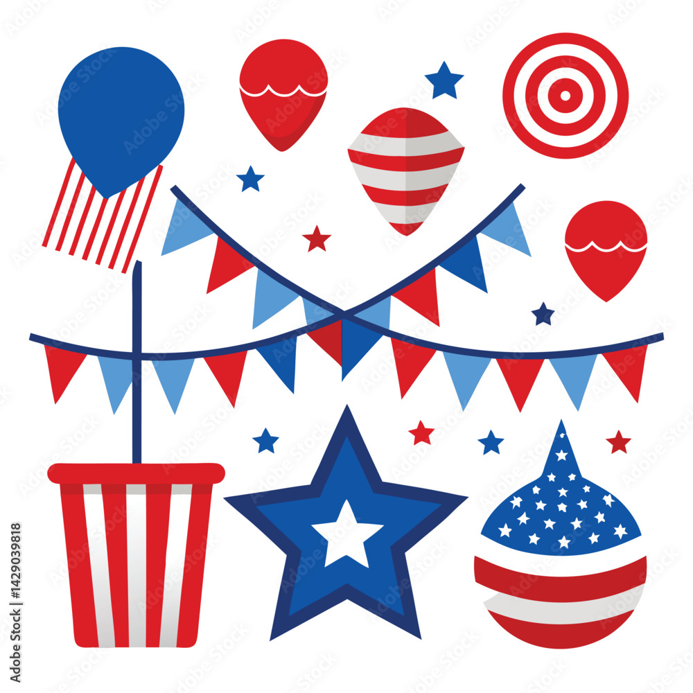 American red white and blue decorations set vector design clipart on white background American red white and blue decorations set vector design clipart on white background