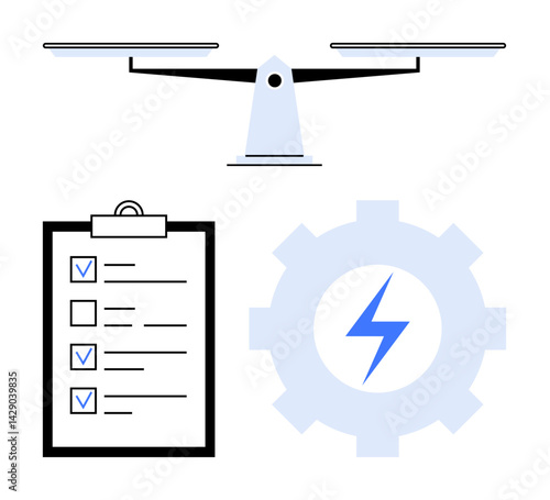 Balanced scale, checklist with checkboxes in clipboard, gear with lightning bolt. Ideal for balance, efficiency, decision-making, productivity, organization, workflow simple landing page