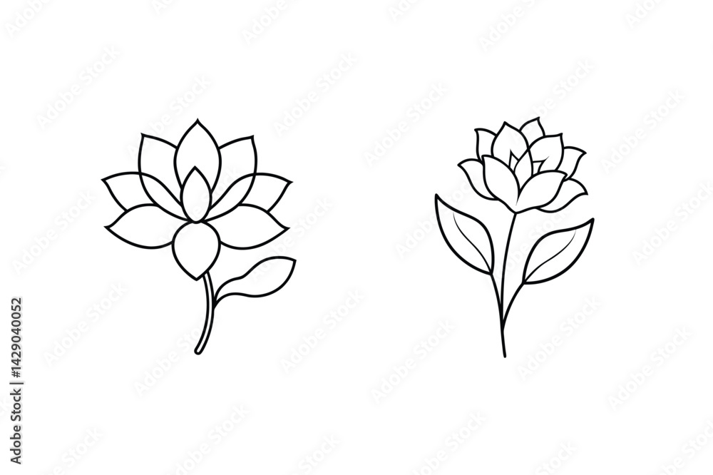 Obraz premium Two Simple Lotus Flowers Vector Outline Illustration On White Background