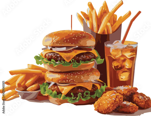 fast food items including hamburgers, French fries, chicken nuggets, and a soda 