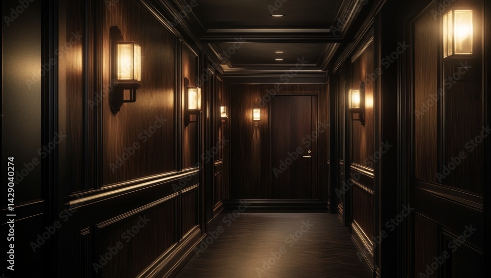Dark, luxurious hallway with wood paneling and elegant lighting Dark, luxurious hallway with wood paneling and elegant lighting